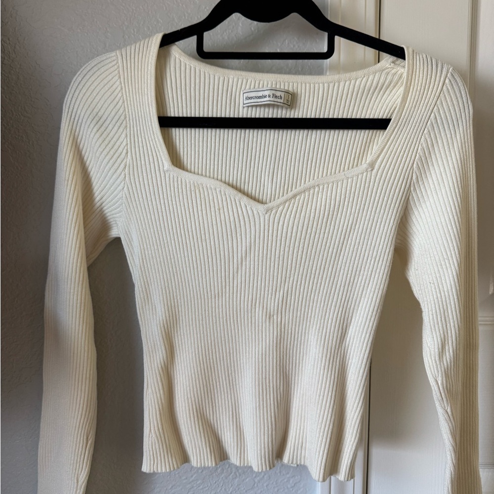 Cream Ribbed Long Sleeve Sweater Top